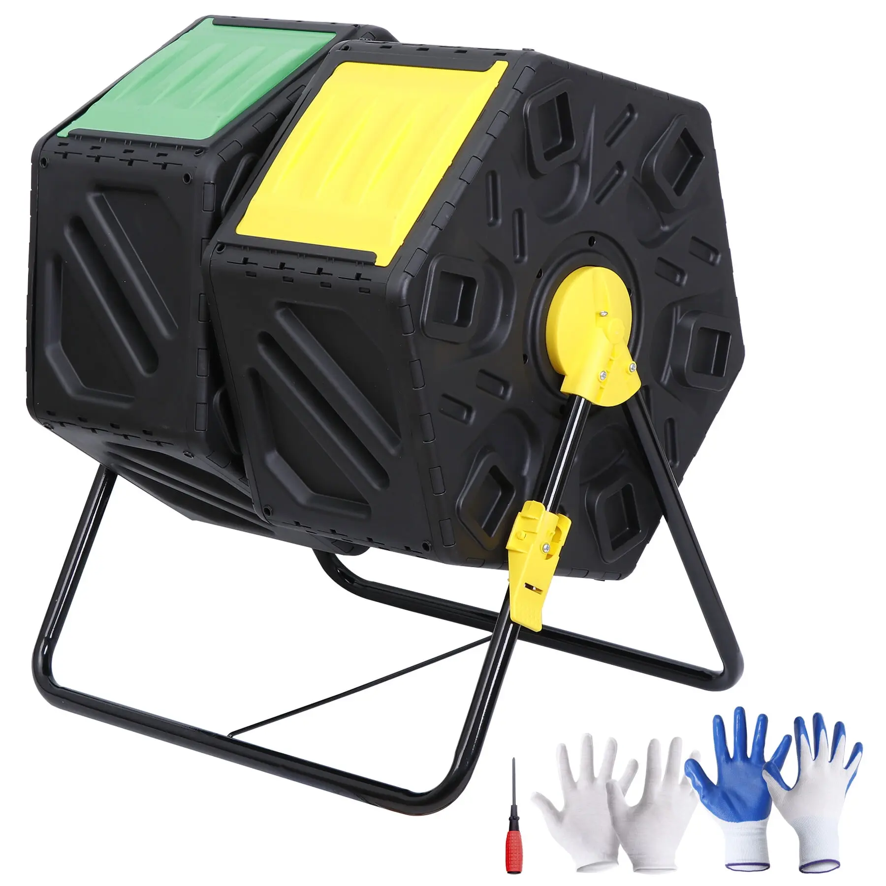 ZENY 37Gal Outdoor Dual-Chamber Composter Tumbler Bin - Black Steel and Plastic Construction, Sliding Doors, Rotating Bin for Garden Compost Solutions