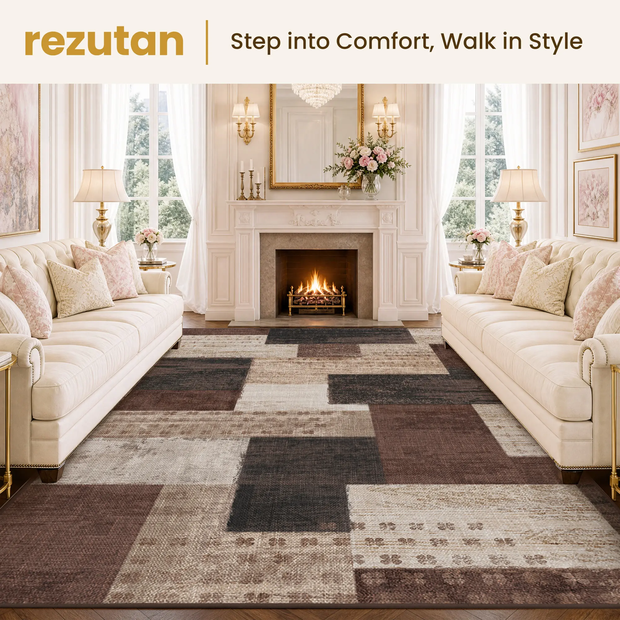 【Summer Sale Deals】REZUTAN Large Polyester Fiber Crochet Weave Area Rug -Vintage Style, Non-Slip Rubber Backing, Machine Washable Low Pile, for High Traffic Spaces, Indoor Use, Ideal for Bedroom Decor, Living Room Decor, Area Rug Cleaning, House Decor