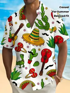 Men's Vibrant, Tropical Mexican Fiesta Shirt - Colorful Cartoon Cactus & Chili Pepper Print, Casual Graphic Shirt, Breathable Polyester, Relaxed Fit Short Sleeve Button-Up for Summer Vacations, Outdoor Activities & Casual Events