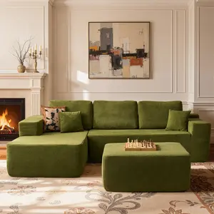 POUUIN 106-in Pre-Assembled Modular L-Shaped Sectional Sofa - U-Shape Chaise, Fixed Arms, Plush Corduroy Cloud Sofa, Deep Seat, Modern No-Assembly Living Room Couch (3 Packages Shipping)