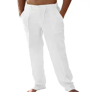 Mens Casual Linen Pants Loose Fit Elastic Drawstring Waist Straight-Legs Summer Yoga Beach Long Pants