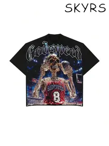 [SKYRS] (180 Pure Cotton T-Shirt) Y2K Style Star Skeleton Graphic And "Godspeed" Letter Print Men's Summer Round Neck Short Sleeve Casual Cotton