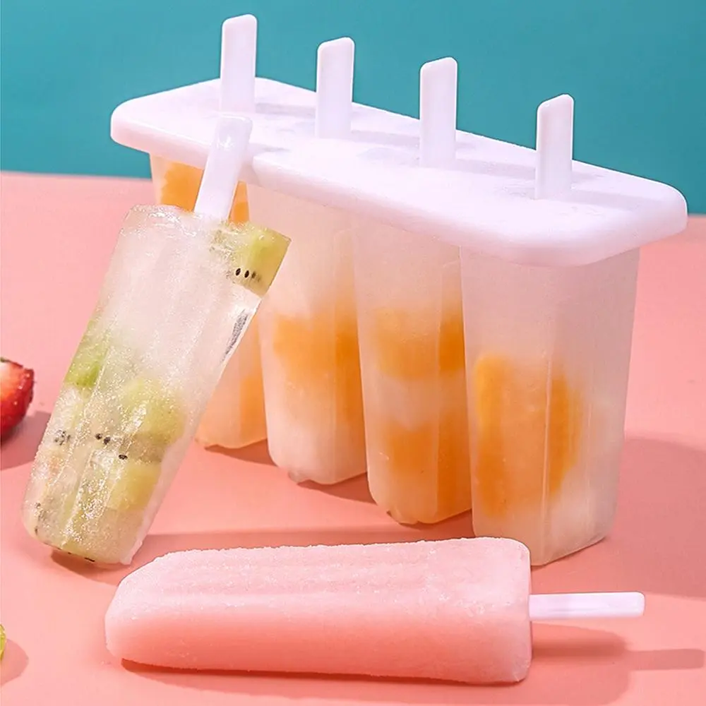 Plastic DIY Popsicle Ice Cream Mold - 4-Grid Ice Pop Maker, White Summer Dessert Kitchen Gadget, Kitchenware for Freezer Use, Popsicles Molds