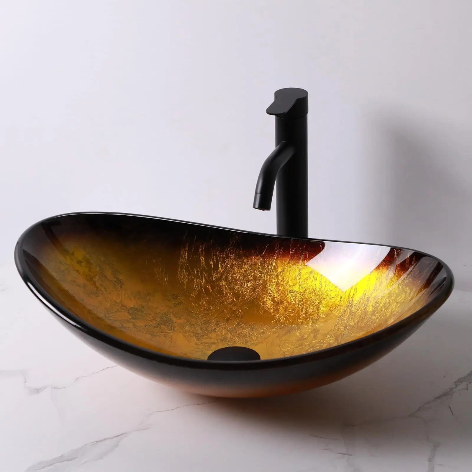 Lordear Glass Vessel Sink Bathroom Sink 21 Inch Yellow Vessel Sink with Faucet and Drain Combo Modern Boat Shaped Artistic Basin for Bathroom Above Counter