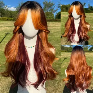 Smilco 22-inch Orange Ginger Highlight Omber Body Wave Middle Parted Bangs SM376 Glueless Synthetic Wig with Adjustable Cap for Daily Wear Kinky Straight Wigs