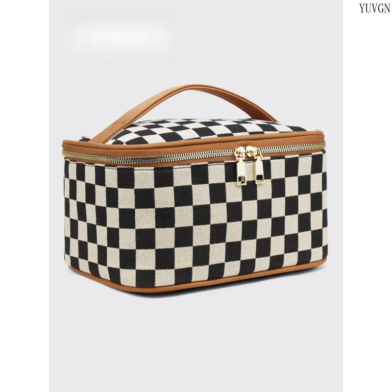 Checkerboard Large-Capacity Cosmetic Bag - Portable Zippered Cosmetics Organizer, Waterproof Travel Beauty Bag with Carry Handle for Gym, Travel Use