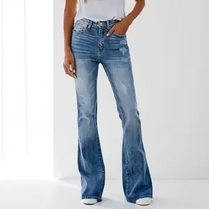 Women's Gradient Color Slim Fit Fashion Bootcut Jeans, Cat Eye Texture Washed Denim Mid Waist Stretchy Pants, Bohemian Style for All Seasons