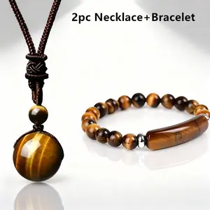 Yellow Tiger Eye Single Bead Pendant Necklace Obsidian Rainbow Eye 16mm with Matching Elastic Bracelets Fashionable Birthday Gift for Men Women