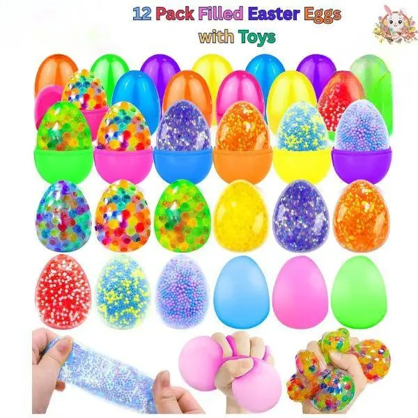 12-Pack Prefilled Silicone Squishy Stress Ball Fidget Toy Eggs, Random Surprise Set, Safe-Material Easter Basket Stuffers for Kids
