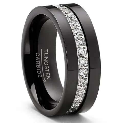 Men's Black 4× Sturdier Tungsten Carbide Wedding Ring - 8mm High-Polish Stacking Promise Band, 1.35 Total Carat Weight 34 Round-Cut Artificial Diamond, Comfort-Fit Costume Jewelry (1.25Ct - 1.49Ct) for Engagements, Anniversary Gifts for Him