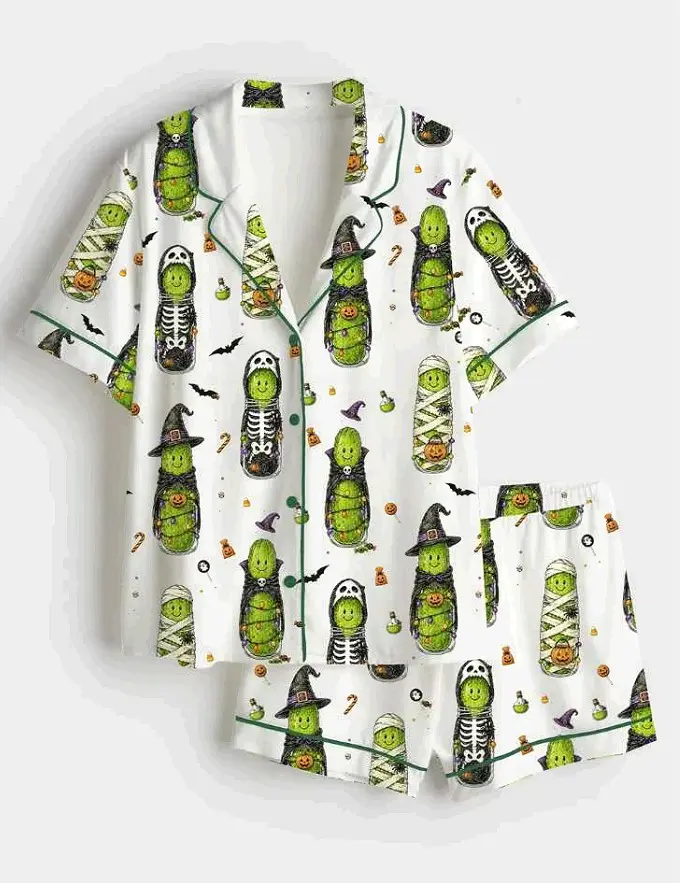Women’s Halloween Pickle Pajama Set, Witch Mummy Skeleton Pickle Print Sleepwear, Short & Long Button Down Pajamas