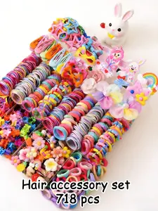 718/719pcs Little Princess Rainbow Unicorn & Mermaid Hair Accessory Gift Box Set: hundreds of styles, shapes & colors; clips, ties, headbands, claws, rubber bands. For girls' daily styling, optional storage box.