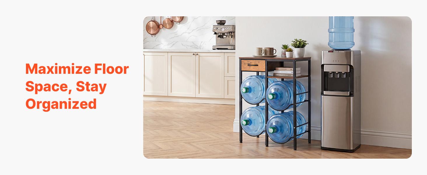 【summerfinds】VEVOR Water Jug Holder, 4 Tiers Double Rows 3 and 5 Gallon Water Bottle Holder for 4 Bottles, Heavy Duty Jug Rack Organizer with Storage Shelf and Drawer, for Kitchen, Living Room, Black and Brown