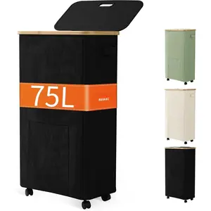 Laundry Basket with Wheels, Dirty Clothes Hamper on Wheels, Rolling Tall Laundry Hamper with lid for Laundry Room, Dorm and Bathroom, 75L Black