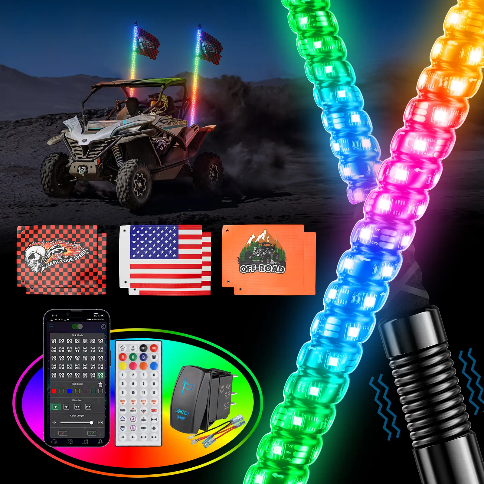 EHAHO 2-Pack 3FT LED Whip Lights for UTV, ATV & SXS – Tri-Brighter Spiral Chasing Lights, Spring Base, APP & Remote Control, 366 Modes, Rocker Switch, 6 Flags, Compatible with Polaris RZR & Can-Am