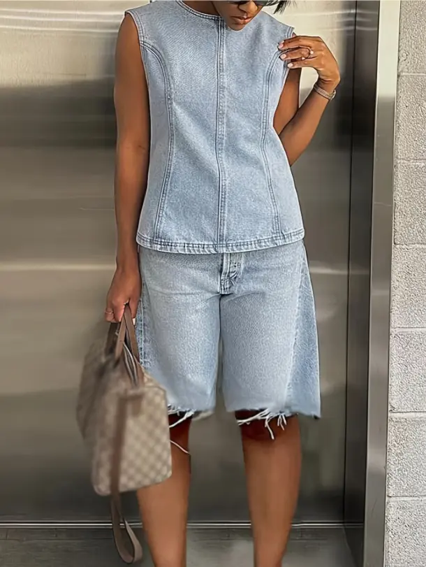 Y2K Distressed Denim Suit Crop Topand Loose Tapered Pants | Stretch Washed Blue Suit for a Street Style Look