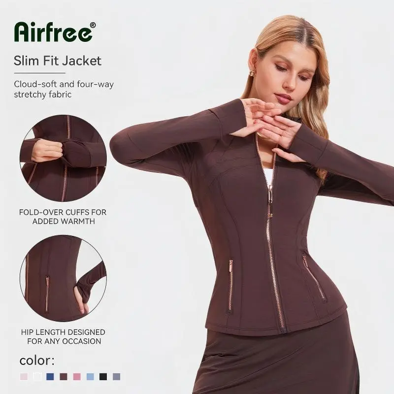 Airfree Women's Slim Fit Athletic Zip Up Jacket with Gold Zipper - BBL Jacket, Sculpting Workout Running Jacket with Thumbholes, Flattering Snatched Fit Activewear Outerwear for Gym, Yoga, Hiking，summer vibe