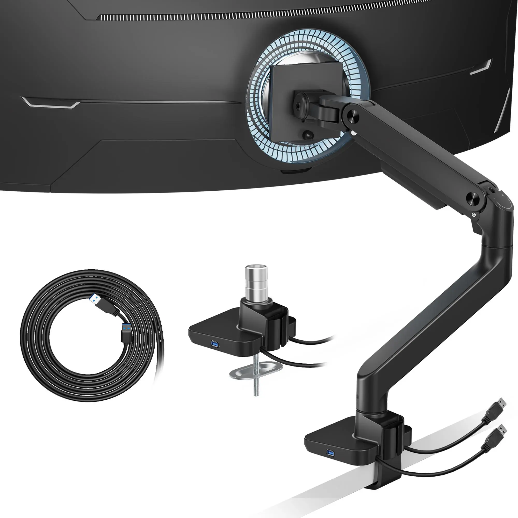 【SummerVibes】ARES WING  Single/Dual Monitor Mount with USB A/C, Ultrawide Monitor Arm for 17 to 49 inch Heavy Duty Screen, Holds 44 lbs, Adjustable Gas Spring Arm Desk Mount with Clamp and Grommet Base