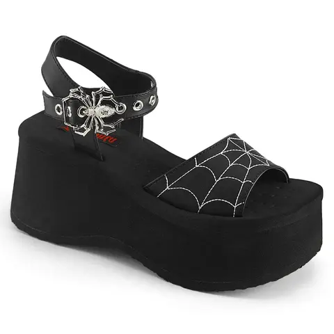 Demonia Funn-10 Women's Stylish Flatform Sandals - Open Toe, Ankle Strap, 2 1/2" Platform Wedge Shoes, Black Vegan Leather, Spider Buckle, Embroidered Vamp, Casual, Shoes for Women, Club & Party Ready