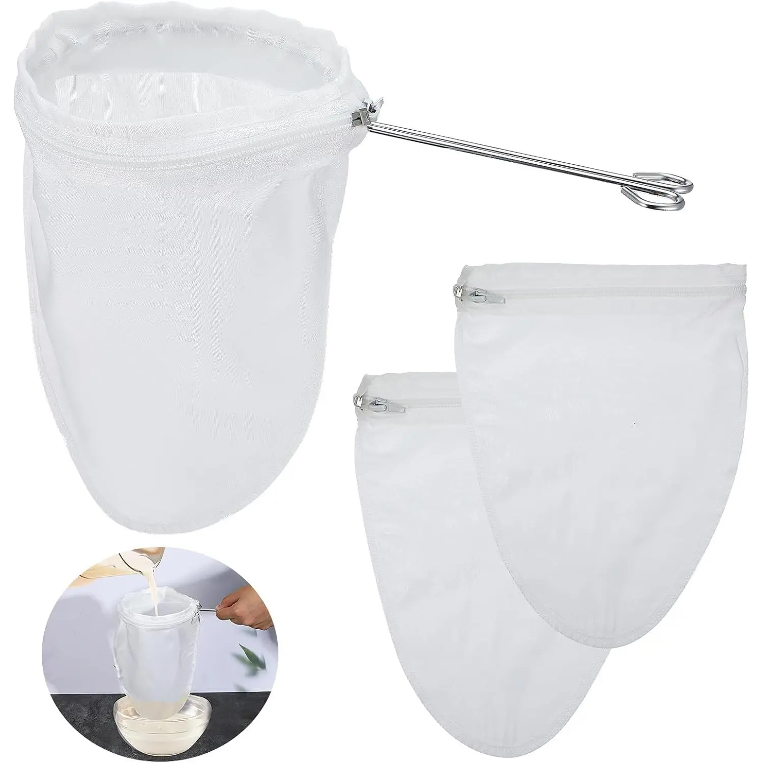 2 Pack Ultra Fine Mesh Strainer Bag with 1 Stainless Steel Frame Handle,   Grade Juice Strainer with Filter Zipper Bags Cheese Cloths for Straining Nut Milk Coffee Butter Juices Honey