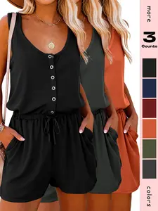 Women's Four Seasons Round Neck Button Sleeveless Casual Jumpsuit, Adjustable Waist, Short Pants with Pockets, Outerwear & Home Sleepwear Set
