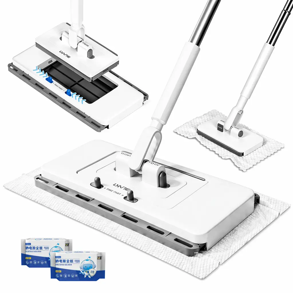 Adjustable 2-in-1 Dry-Wet Upgrade Push Clamp Mop Kit - 11"l x 4.5"w Rectangular, Lightweight, Smooth Slide, Disposable Swiffer Pad Compatible, Easy Cloth Changing, Press Grip Sweeper for Kitchen Spills, Hardwood Floors, Standing