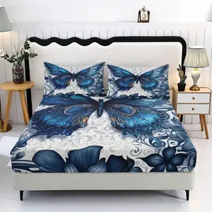 Dreamy Butterfly Pattern Bedding Set, Includes 1 Fitted Sheet and 2 Pillowcases, Polyester Material, Digital Print, All Seasons Use