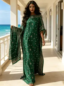 2026 New Women's 2 Piece Emerald Green Paisley Print Kaftan Maxi Dress with Matching Statement Scarf, Silky Loose Pleated Robe, Plus Size Friendly, Beach Cover Up, Resort Vacation & Evening Party Wear
