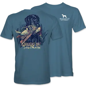 Lab With Mallard - Black Lab Retrieving Mallard T-Shirt - Indigo