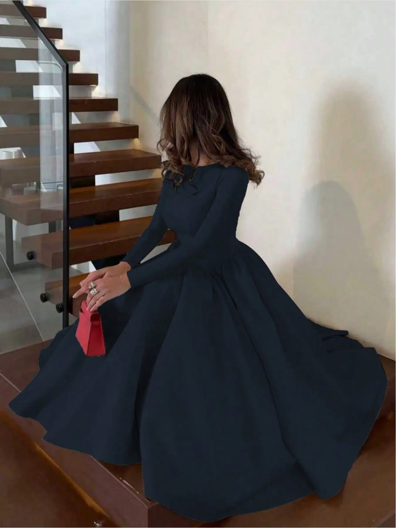 Elegant Formal Style, vintage, Chic, long-sleeved, solid color winter dress for women, pleated, zippered, suitable for evening parties, daily wear, office, autumn and winter