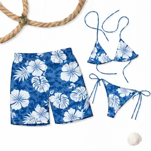 Hibiscus Floral Print Bikini & Men's Swim Shorts Set, Tropical Beachwear, Summer Vacation Outfits for Women & Men, Hawaiian Print Swimwear