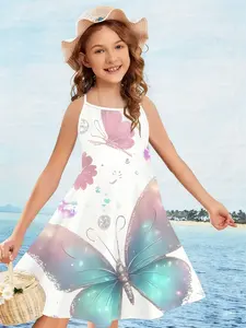 Girls' Dress "Dreamy Butterfly Wings Sweet Style" - Fairy-style butterfly patterns + colorful glazed color matching, thin strap design, fresh and lively, perfect for summer outings and taking great photos