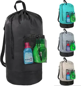 Laundry Bag Backpack with Shoulder Straps and Mesh Pocket Laundry Backpack Large Portable Laundry Hamper for College Laundromat Apartment with Drawstring Closure, Adjustable Back Straps (Black)