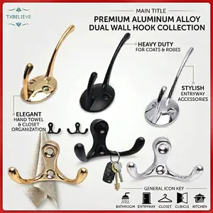 Aluminum Alloy Wall Hooks Towel Hooks,  Coat Robe Hook Heavy Duty Bathroom Double Hook Wall Mounted, Hand Towel Hooks for Closet Entryway Cubicle Kitchen