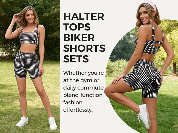Aoysky Womens Workout Gingham 2 Piece Outfits Padded Open Back Crop Tank High Waist Seamless Sports Shorts Sets Casual Yoga Matching Sets S-XXL