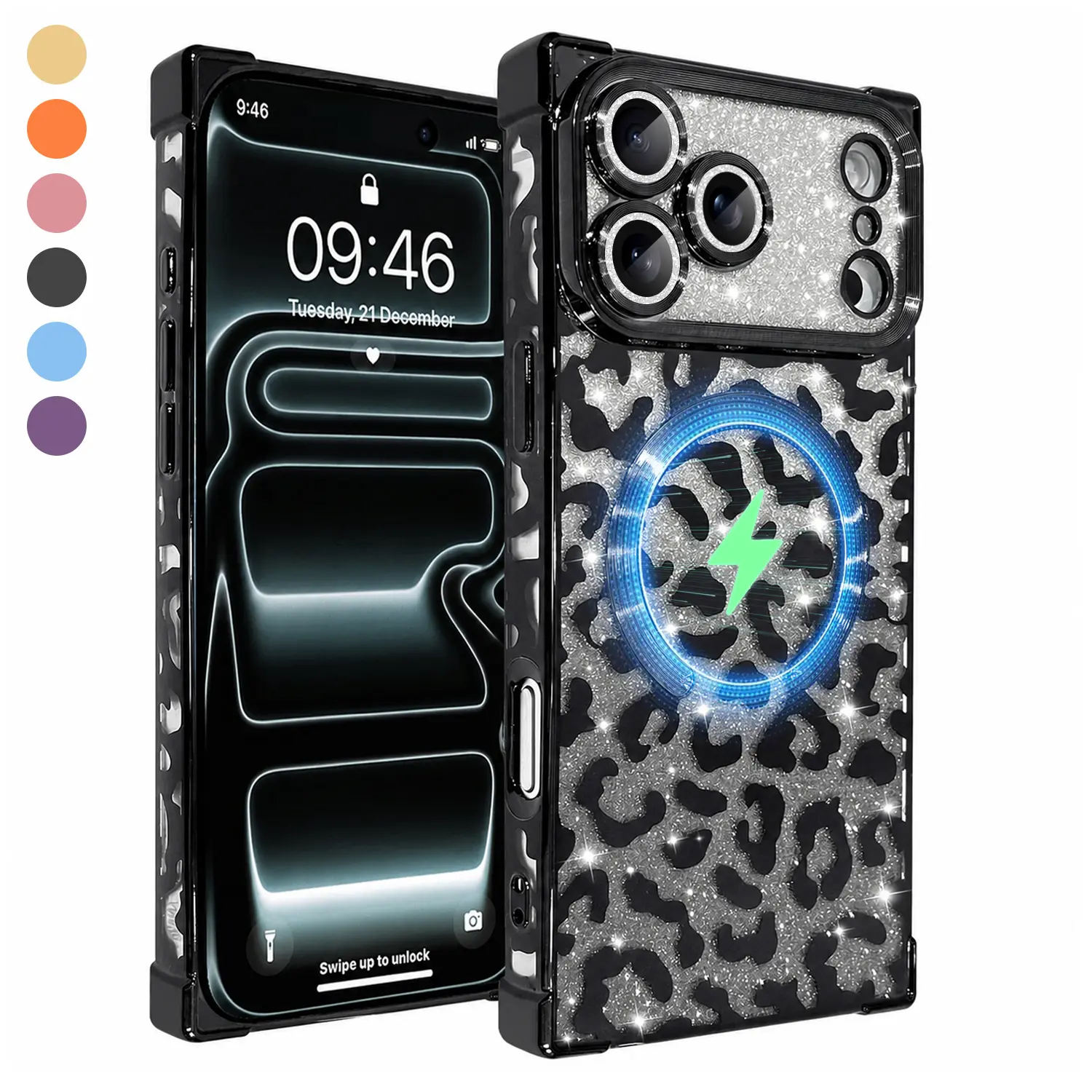 Leopard Print Glitter MagSafe iPhone Case for iPhone 17/16/15/14/13 Pro, Pro Max, Air, Plus, Square Electroplated Frame, Drop Protection, Anti-Fingerprint Sparkly Phone Cover for Women