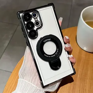 Transparent electroplated four corner anti drop magnetic suction+metal bracket anti drop phone case suitable for Samsung S26 S25 S24 23 22 Ultra S25 S24S23 S22 Plus compatible with MagSafe wireless charging shockproof transparent electroplated protective