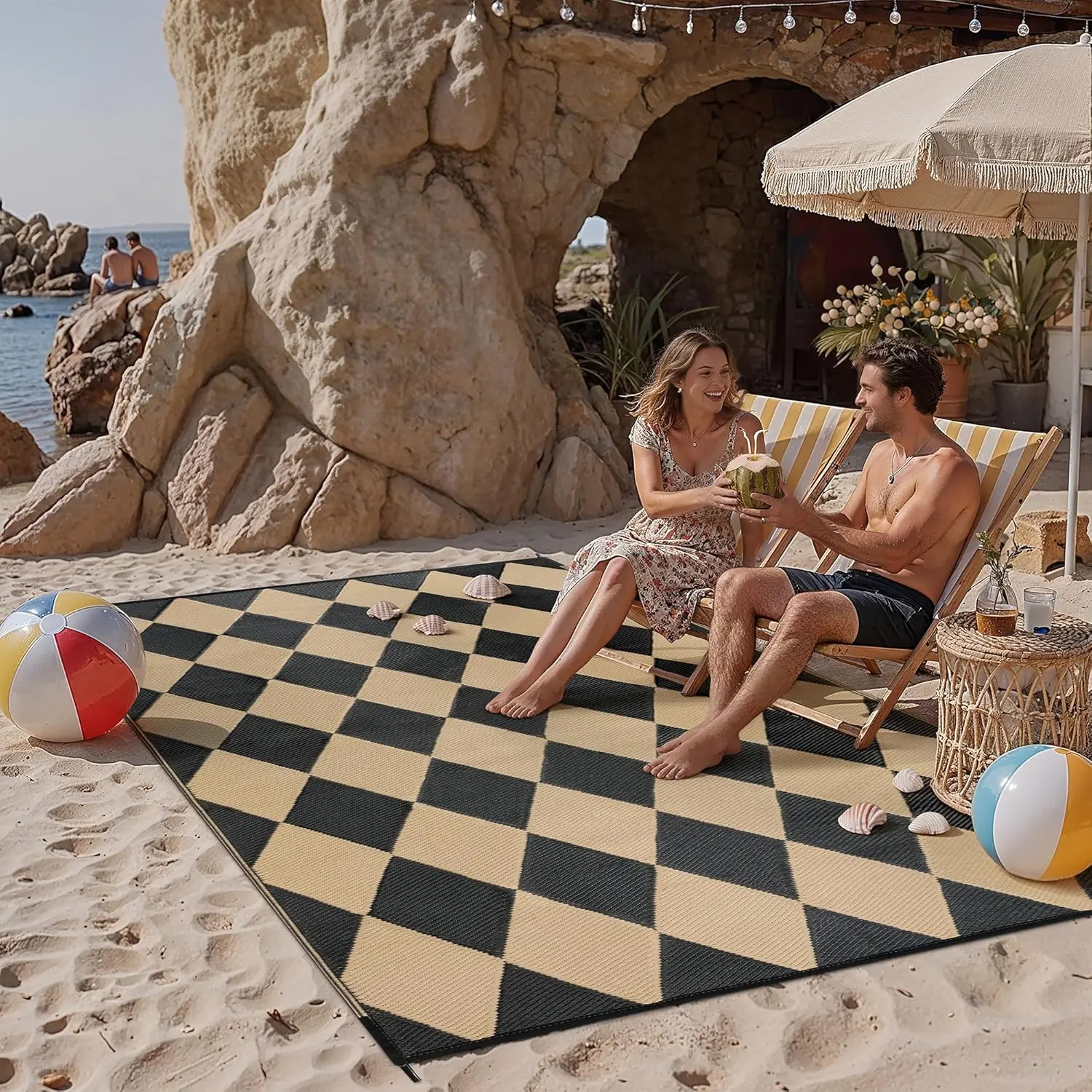 PureCozy aterproof Outdoor Rug – Reversible Plastic Straw Patio Rugs for Camping, RV, Deck, Balcony & Under Awning – Available in Diamond Black & Brown (9x12 ft, 6x9 ft), (9x12 ft, 6x9 ft), (9x12 ft, 6x9 ft)