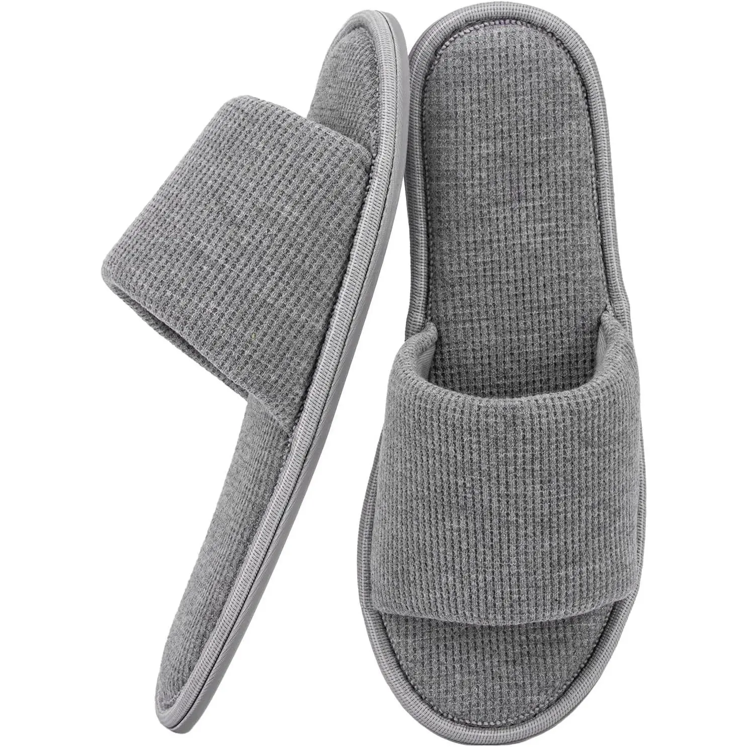 Women's Open Toe House Slippers – Breathable Waffle Fabric, Memory Foam Cushioning, Slip-On Summer Indoor Slippers, Non-Slip TPR Sole, Easy Care