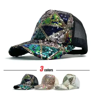 Summer Shiny Sequin Back Mesh Adjustable Cotton Baseball Cap Sun Hat