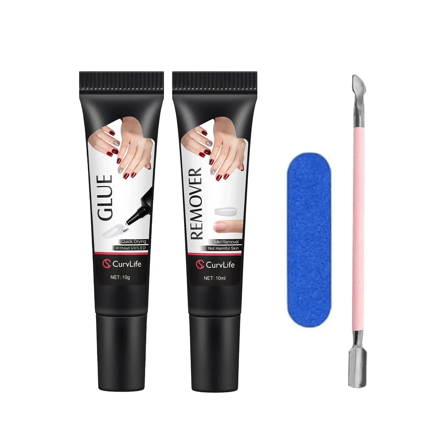 CurvLife Semi-Solid Nail Glue & Remover Kit – 10g Strong-Hold Press-On Nail Glue with 10ml Nail Glue Remover, Nail Buffer and Cuticle Pusher, Easy Apply, No UV Lamp Needed, Quick-Dry, Beginner-Friendly Kit for Press-On Nails
