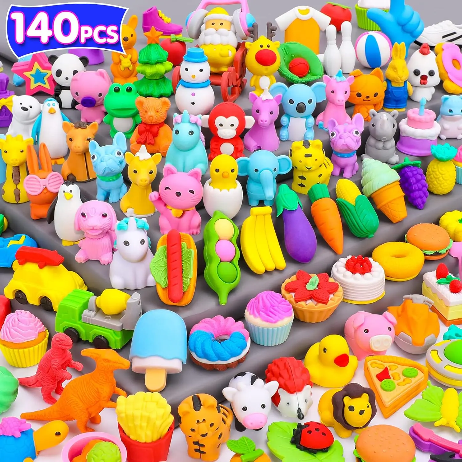 L-MTS046 140PCS Bulk Mini Animal Erasers - Vibrant Dinosaurs & Sports Themed, Kids Classroom Rewards, Teacher Must-Haves, Back to School Supplies for Boys & Girls