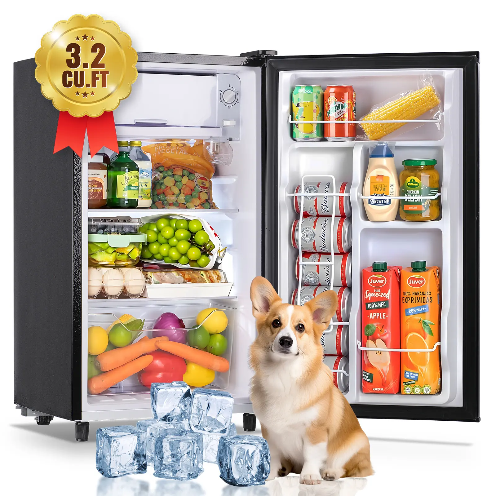 TACOOL Compact 1-Door Stainless Steel Glass Door Refrigerator - 3.2 Cu.ft, 110v, 32°F to 50°F, 17.5″ L x 17.3″ W x 31.3″ H, Ideal for Couples, Bedrooms, Office, Singles