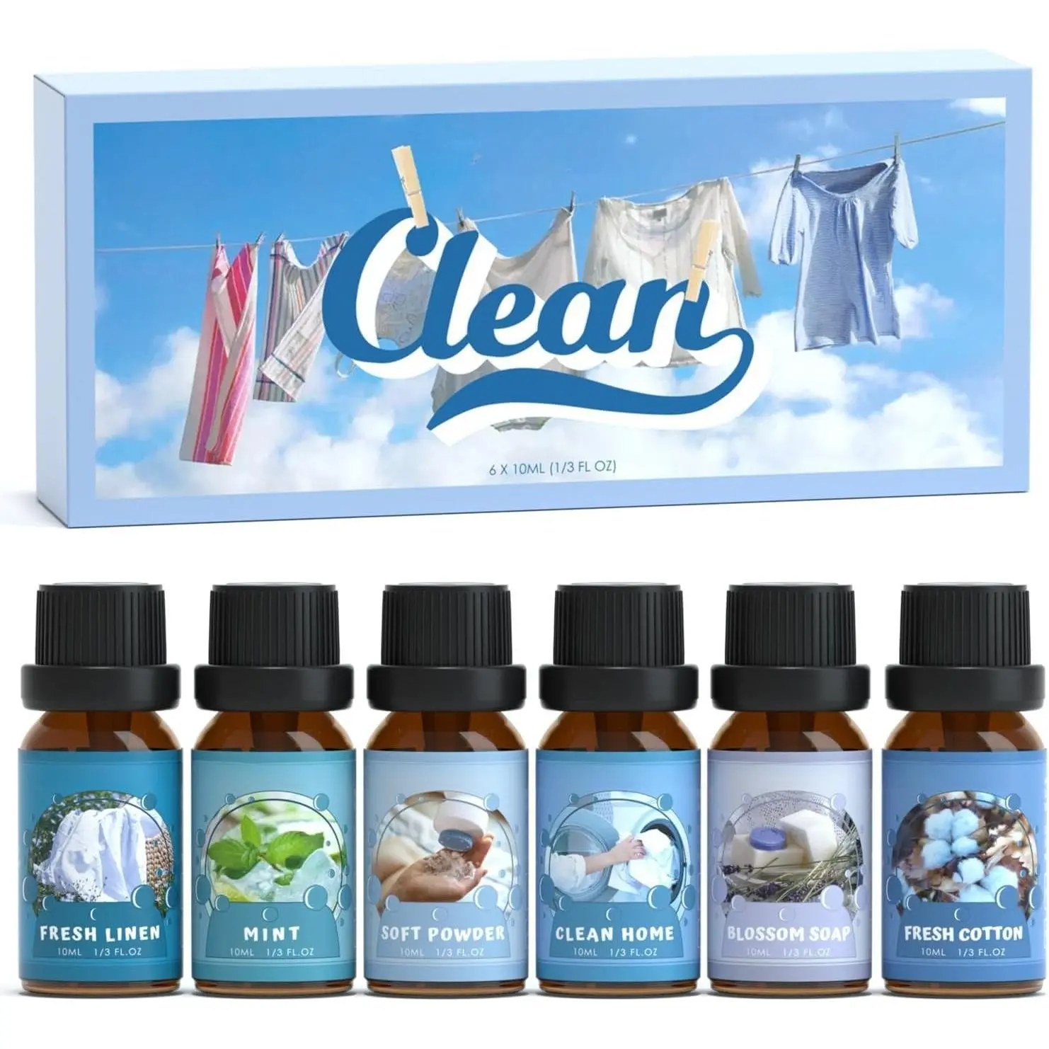 Premium Clean Fragrance Oils Set with Hotel Scents - for Diffusers, Candle Making, Soap Making - Scents Include Fresh Cotton, Clean Home, Fresh Linen, Soft Powder, Blossom Soap, Mint - Strong-Scented Home Fragrance Supplies