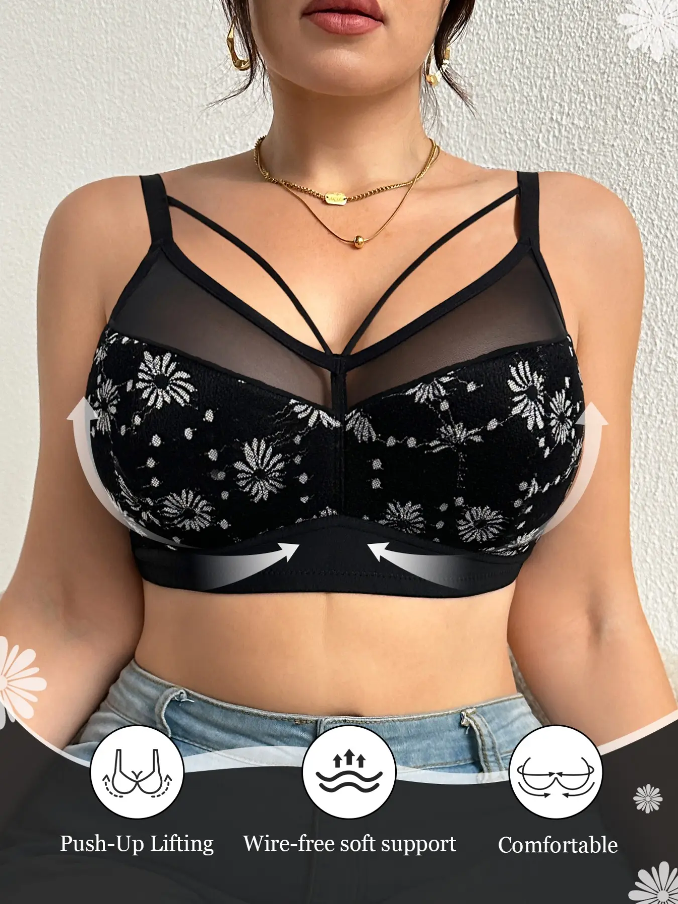 Women's Plus Size Wireless Floral Patchwork Sheer Lace Bra, Push Up Anti‑sagging Cover Side Breasts Minimizer Bra Full Coverage Soft Comfort, Adjustable Straps, Elegant everyday wear