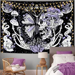Skull Tapestry Hippie Mushroom Tapestries Aesthetic Moth Tapestry Moon and Stars Tapestry Snake Tapestry Wall Hanging for Room(Purple, 59.1 x 82.7 inches)