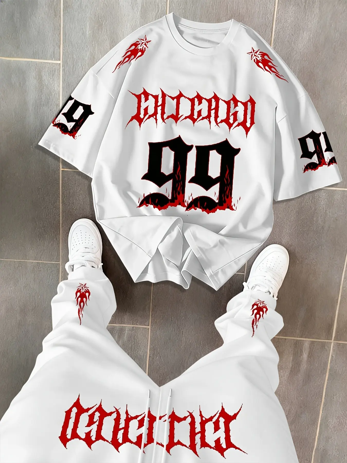 Men's Short-Sleeve Round-Neck T-Shirt and Long Pants Set, Casual Classic Graphic Printed Tee and Loose-Fit Pants with Drawstring, Outfit for Spring and Autumn