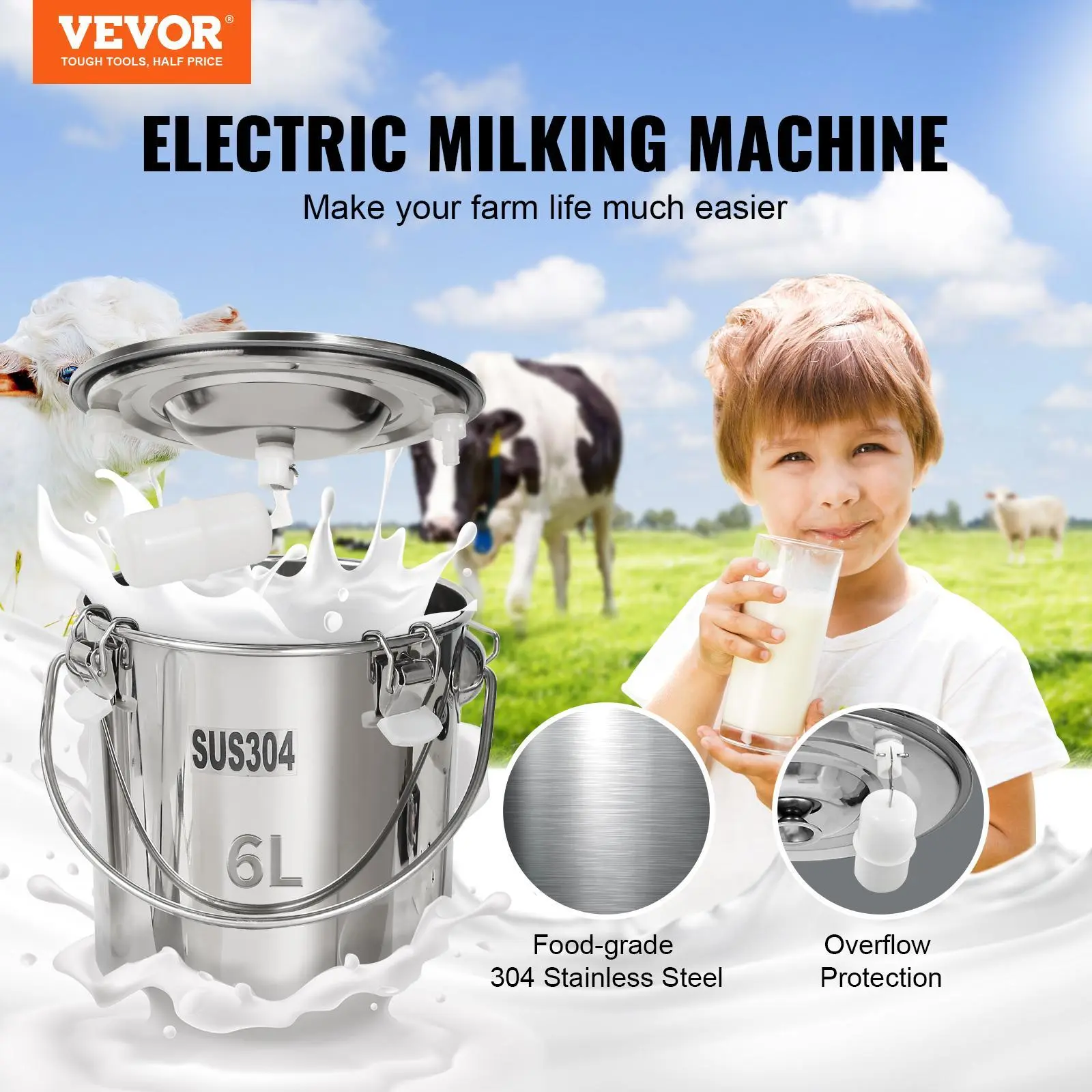 【Summerfinds】VEVOR Goat Milking Machine, 6 L 304 Stainless Steel Bucket, Electric Automatic Pulsation Vacuum Milker, Portable Milker with Food-grade Silicone Cups and Tubes, Adjustable Suction for Cows and Sheep