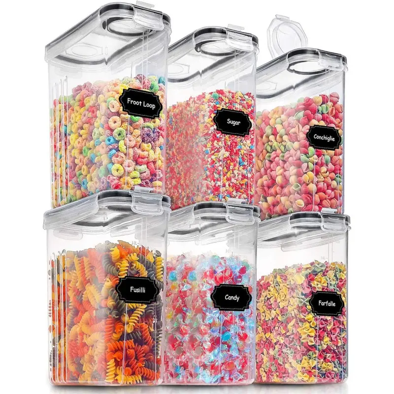 PLL 6-Pack Plastic Airtight Dry Storage Containers with Lids, Stackable Transparent Dispenser Canisters for Kitchen Pantry Organization, Leak-Proof 4L Black Set with 20 Labels & Marker