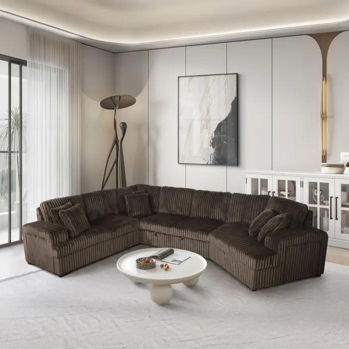 8241 4 pc chocolate corduroy fabric sectional sofa with cuddler chaise and pop up center love seat chaise USB and cup holder